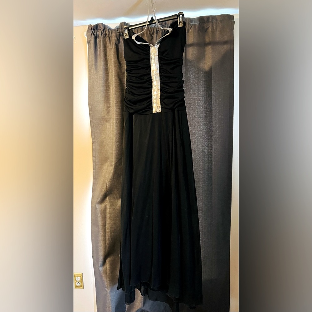 Black floor length gown, halter top (elastic band, not tie).